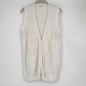 Eileen Fisher Ribbed‎ Linen Cotton Blend Vest Sz XL Ivory Button Front Pockets